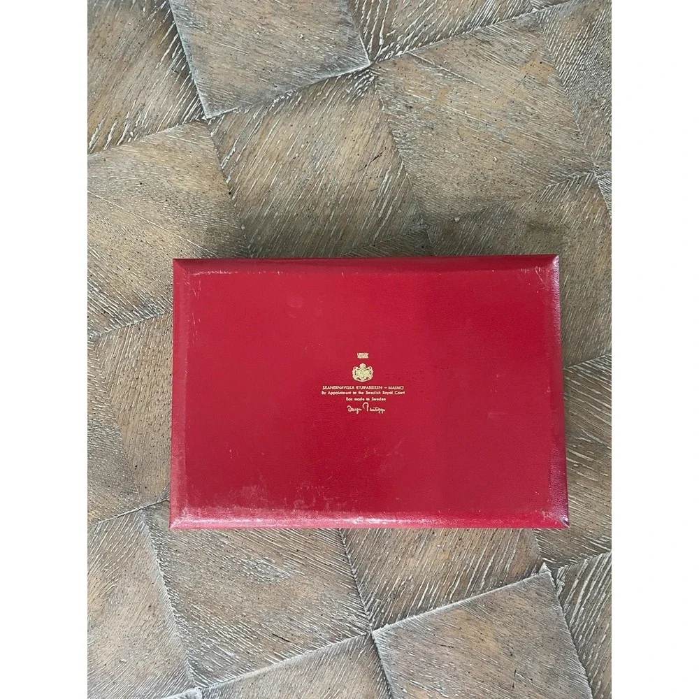 Vtg Red Leather Swank Men's Valet Cufflink Jewelry Box Sweden Fleur de Lis Crest